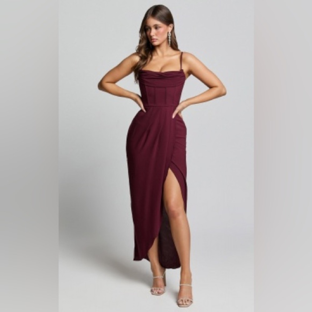Showpo Andrina Midi Dress - High Low Corset Wrap Dress in Wine